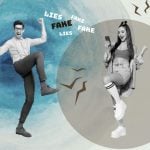 Collage Image of Two Young People Celebrating a Win with the Words Fake and Lies Between Them