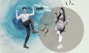 Collage Image of Two Young People Celebrating a Win with the Words Fake and Lies Between Them
