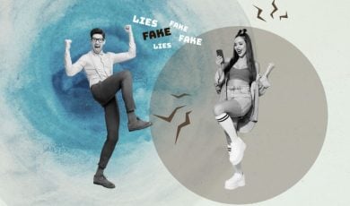 Collage Image of Two Young People Celebrating a Win with the Words Fake and Lies Between Them