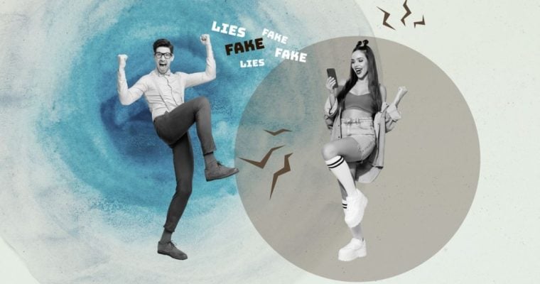 Collage Image of Two Young People Celebrating a Win with the Words Fake and Lies Between Them