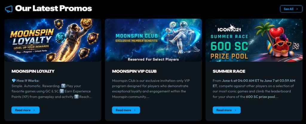 Promos and bonuses at Moonspin Casino