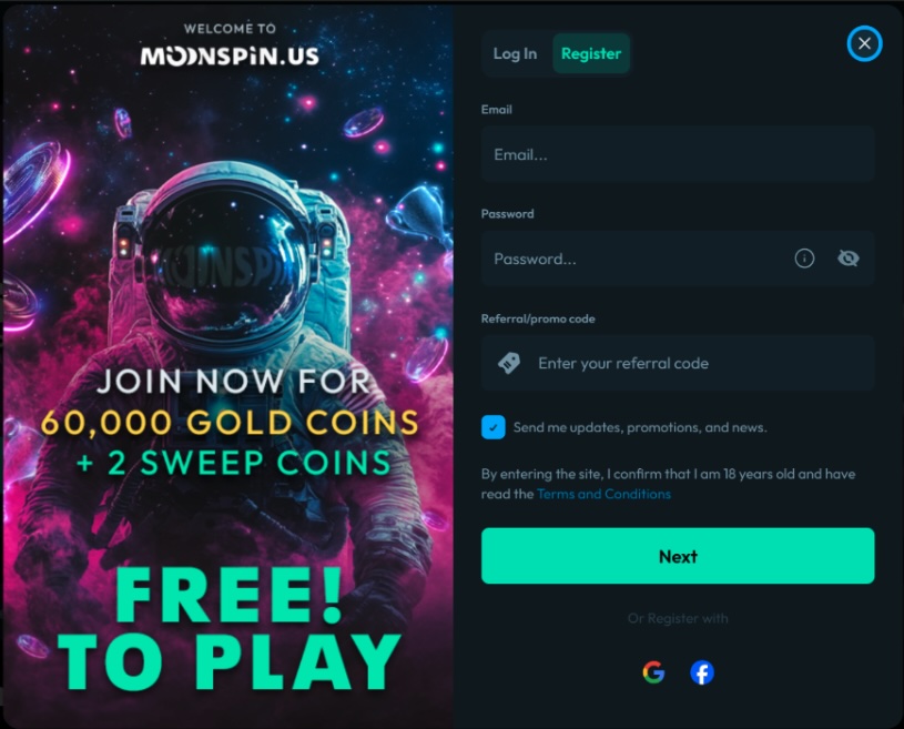 Moonspin signup screen