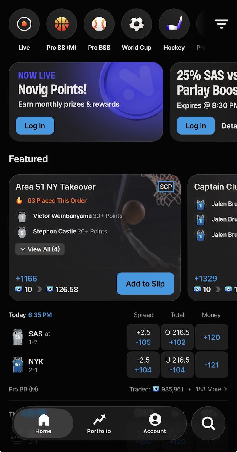 Novig prediction app homescreen