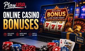 Featured graphic for PlayUSA’s online casino bonuses page showing a laptop with slot reels, casino chips, cards, dice, roulette wheels, a gift box and “Online Casino Bonuses” text