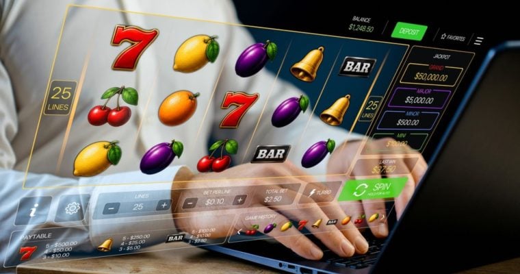 Man Plays Fruit-Themed Online Slot Game with Laptop