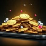 Black Smart Phone with Pile of Gold Coins On Top