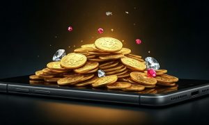 Black Smart Phone with Pile of Gold Coins On Top