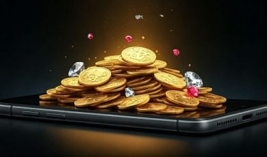 Black Smart Phone with Pile of Gold Coins On Top