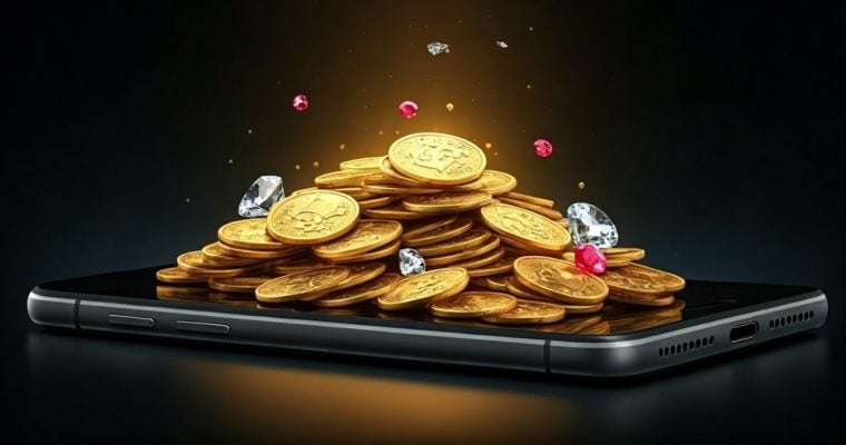 Black Smart Phone with Pile of Gold Coins On Top