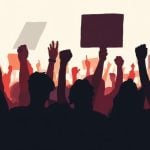 Art Illustration of a Group of People Rallying for a Cause, Holding Signs with Arms Raised in Black and Red Colors