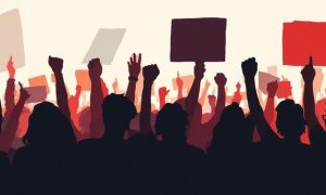 Art Illustration of a Group of People Rallying for a Cause, Holding Signs with Arms Raised in Black and Red Colors