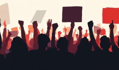 Art Illustration of a Group of People Rallying for a Cause, Holding Signs with Arms Raised in Black and Red Colors