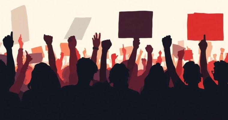 Art Illustration of a Group of People Rallying for a Cause, Holding Signs with Arms Raised in Black and Red Colors