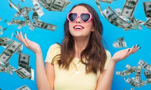 Falling Cash On Blue Background Surrounds Young Happy Woman