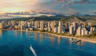 Mountains and Blue Ocean Landscape of Honolulu, Hawaii City