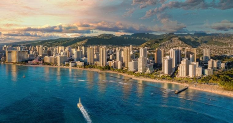 Mountains and Blue Ocean Landscape of Honolulu, Hawaii City