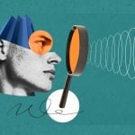 Art Collage Image of Man's Head Looking Through Magnifying Glass on Teal Background