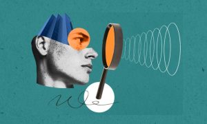 Art Collage Image of Man's Head Looking Through Magnifying Glass on Teal Background