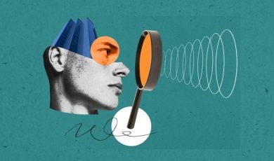 Art Collage Image of Man's Head Looking Through Magnifying Glass on Teal Background