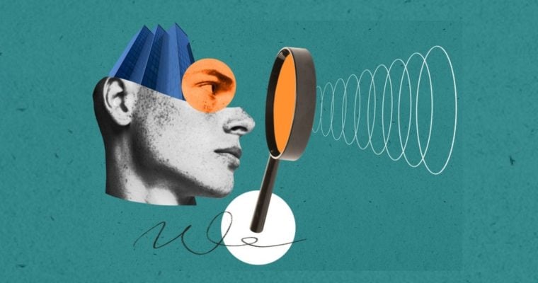 Art Collage Image of Man's Head Looking Through Magnifying Glass on Teal Background