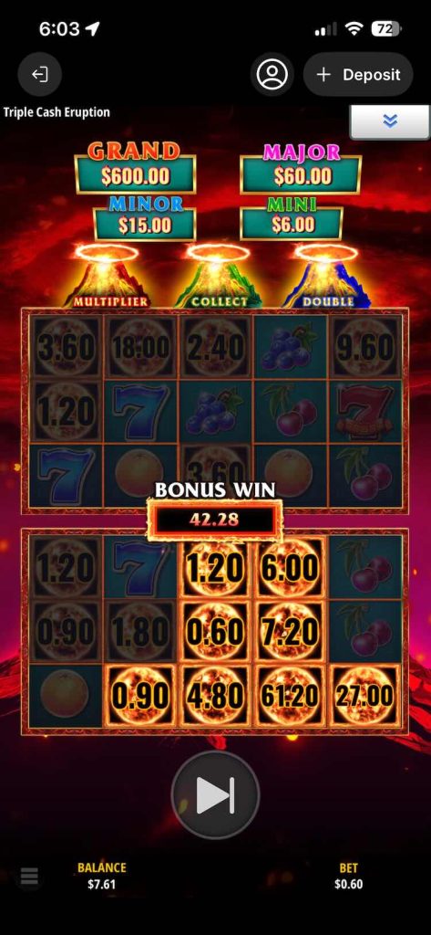 Using bonus spins on the Triple Cash Eruption slot