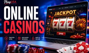 Featured graphic for PlayUSA’s online casino guide showing a laptop with slot reels, roulette, cards, dice and casino chips beside “Online Casinos” text and the PlayUSA logo.