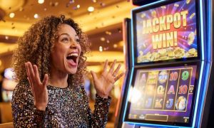 Young African American Woman Excited Next to Slot Machine with Jackpot Win