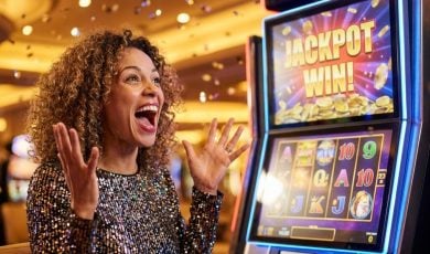 Young African American Woman Excited Next to Slot Machine with Jackpot Win