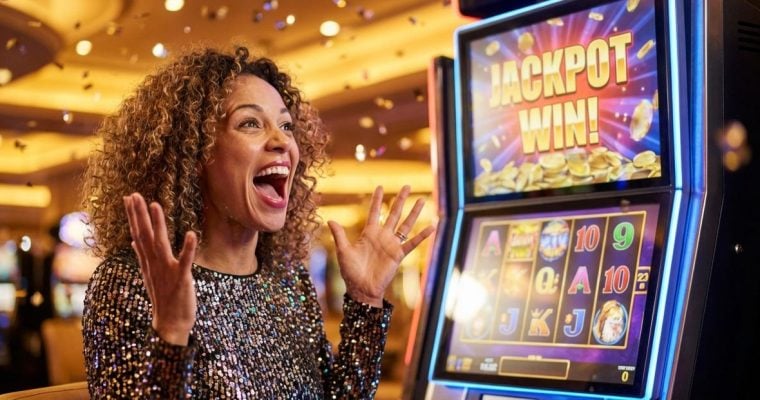 Young African American Woman Excited Next to Slot Machine with Jackpot Win