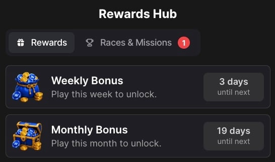 Wow Vegas rewards hub containing daily, weekly and monthly bonuses