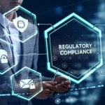 Digital Icons Representing Regulatory Compliance Overlay Image Of Man in Suit