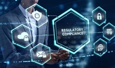 Digital Icons Representing Regulatory Compliance Overlay Image Of Man in Suit