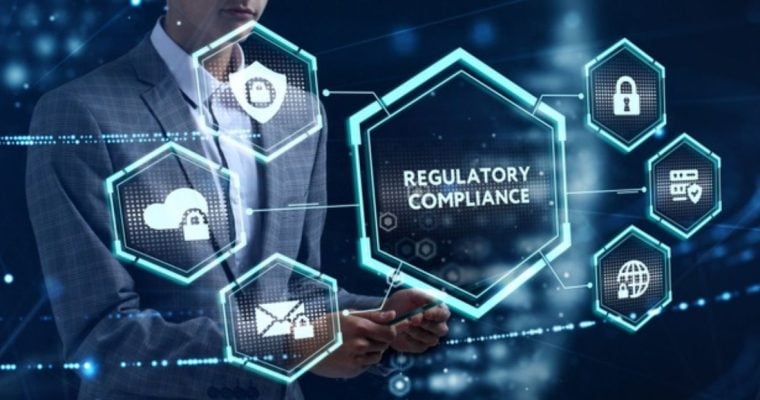 Digital Icons Representing Regulatory Compliance Overlay Image Of Man in Suit