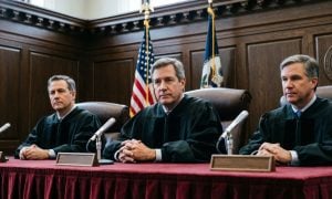 Three Judges Sit Inside Courtroom with Wooden Walls
