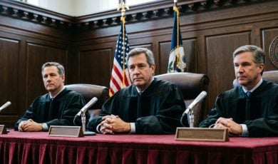 Three Judges Sit Inside Courtroom with Wooden Walls