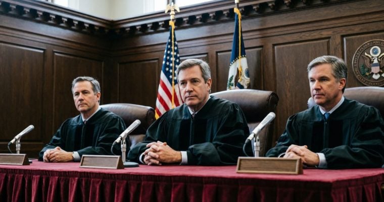 Three Judges Sit Inside Courtroom with Wooden Walls