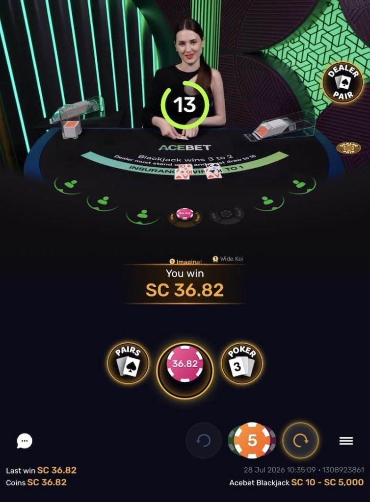 Acebet live balckjack winning hand test