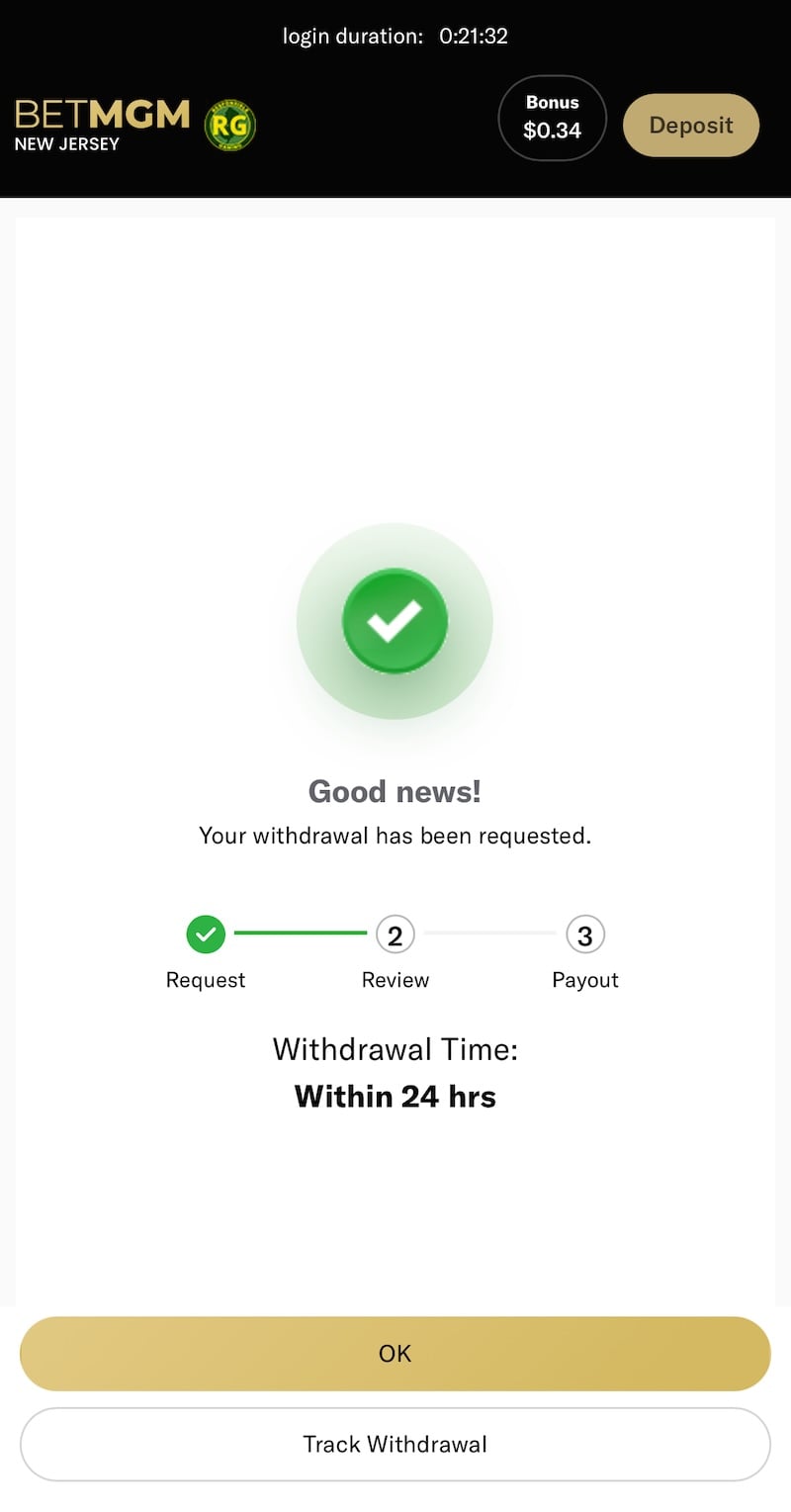 BetMGM withdrawal confirmed