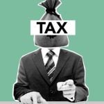Art Collage Image of Man in Suit With Money-Bag Head and Word Tax Over It