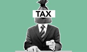 Art Collage Image of Man in Suit With Money-Bag Head and Word Tax Over It