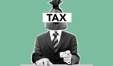 Art Collage Image of Man in Suit With Money-Bag Head and Word Tax Over It