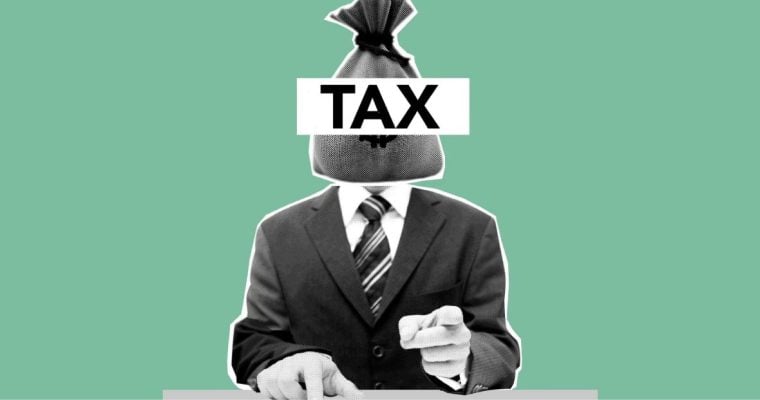 Art Collage Image of Man in Suit With Money-Bag Head and Word Tax Over It