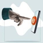 Art Collage of Finger Pointing to Orange Help Button On Cell Phone