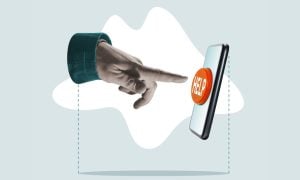 Art Collage of Finger Pointing to Orange Help Button On Cell Phone