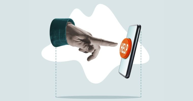 Art Collage of Finger Pointing to Orange Help Button On Cell Phone