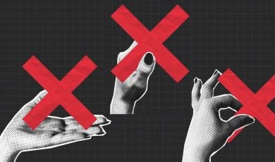 Trendy Collage Image Featuring Three Black/White Hands Holding Large Red X's