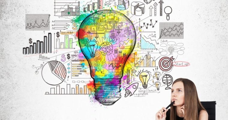 Sketched Light Bulb Above Woman's Head Contains Images Of Mathematics and Statistics