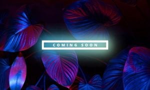 Red and Blue Lights Highlight Plant Foliage with White Neon Coming Soon Text