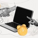 Collage Image of People Shaking Hands, Open Laptop and Yellow Alarm Clock in Business Partnership