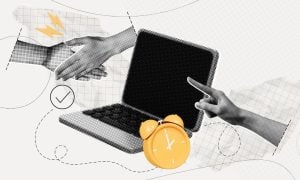 Collage Image of People Shaking Hands, Open Laptop and Yellow Alarm Clock in Business Partnership